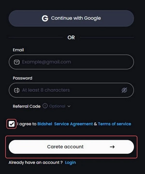 create account in bidshel