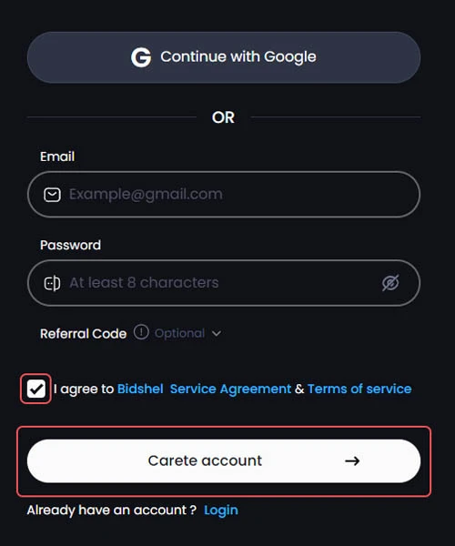 create account in bidshel